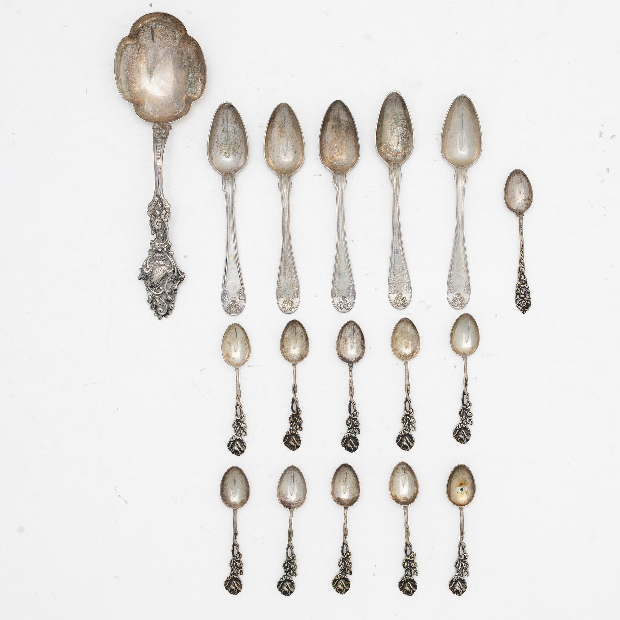 Spoons, 17 pieces, Sweden, 19th–20th century.