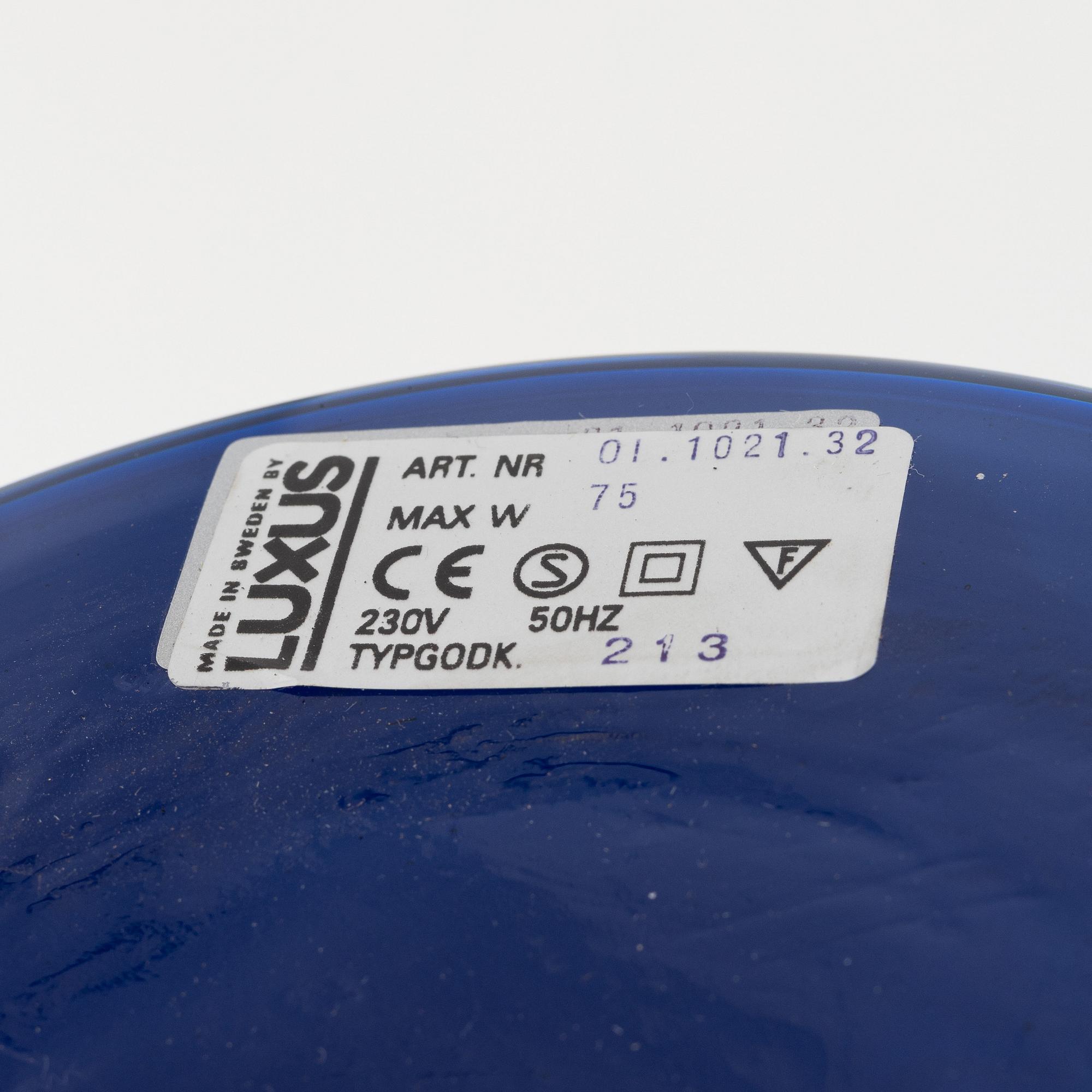 A pair of blue glass table lights, Luxus, Vittsjö.