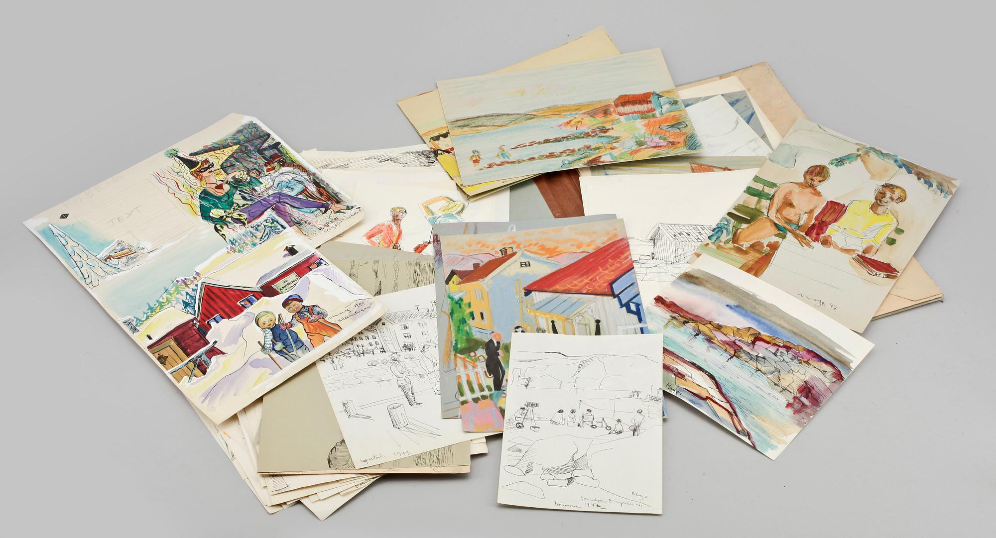 MAX GOLDSTEIN (MAGO), akvarellteckningar/kostymskisser, ca 50 st, bl a 1940-tal, delvis signerade.