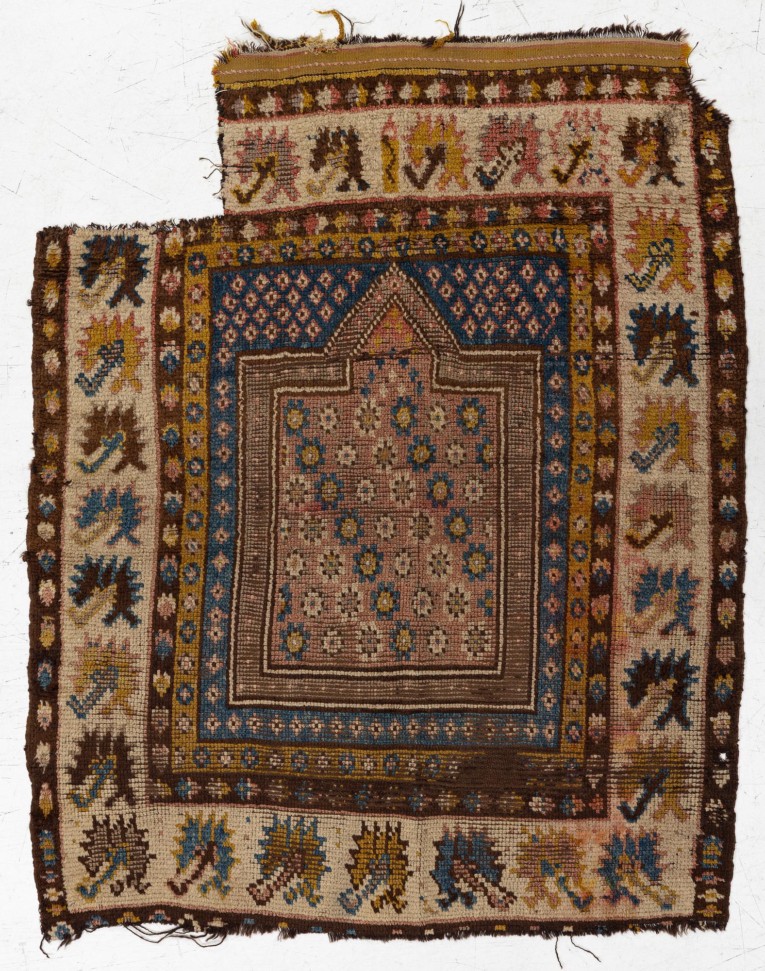 An antique Monastir prayer rug fragment , Ottoman Empire, c 133 x 106 cm.