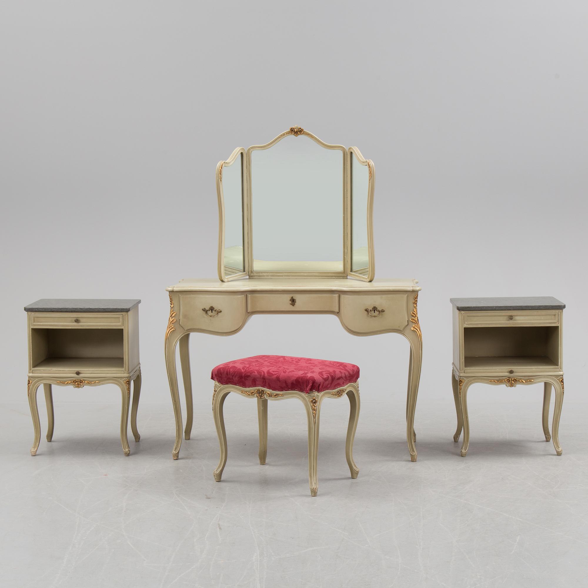 A mid 20th century Rococo style dressing table, a pair of bedside tables and one stool.
