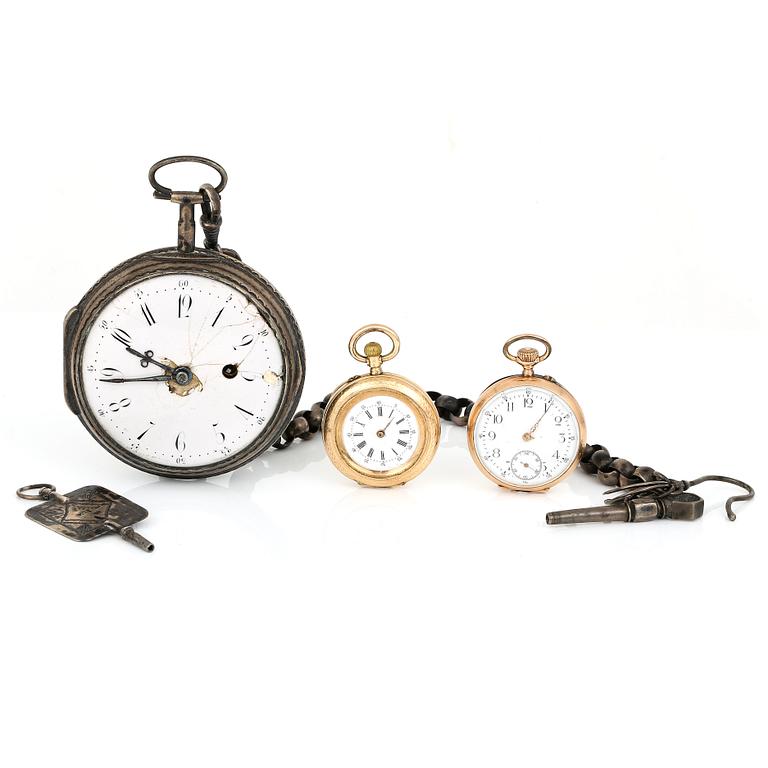 FICKUR, 3 st, 14 k guld samt silver.