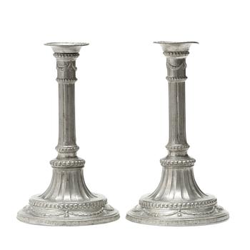 90. A pair of Gustavian pewter candlesticks by Jacob Sauer, Stockholm 1784.