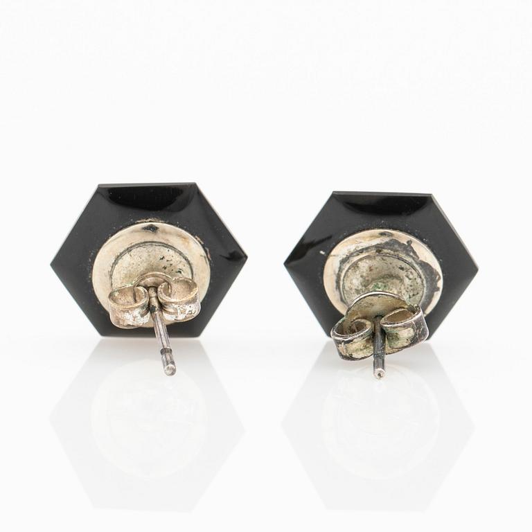 Earrings, a pair, silver and enamel with brilliant-cut diamonds.