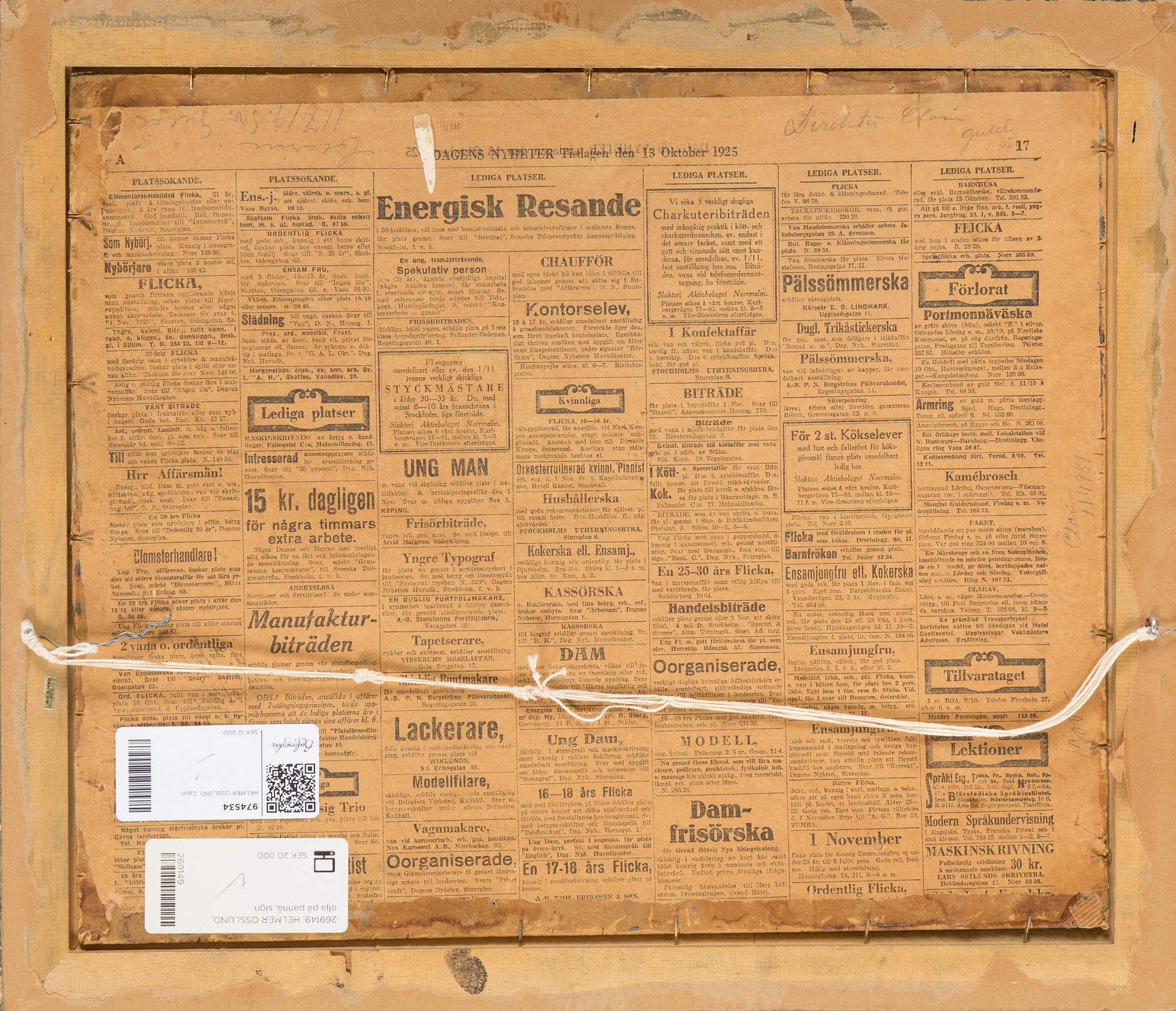 HELMER OSSLUND, olja på papp-pannå, signerad.