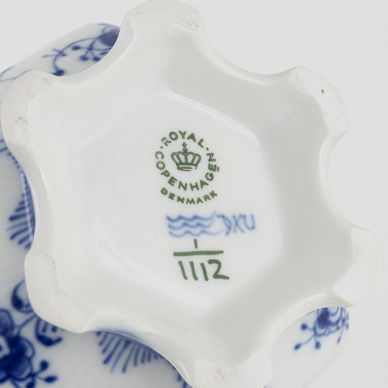 A 'Musselmalet' coffee pot, a sugarbowl and a creamer, Royal Copenhagen, Denmark.