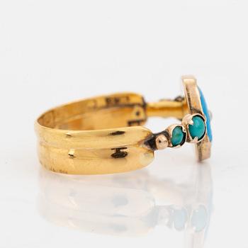 Ring, guld med turkoser och pärla.