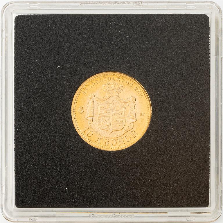 Guldmynt, Oscar II, 10 kronor, typ I, Sverige 1874.