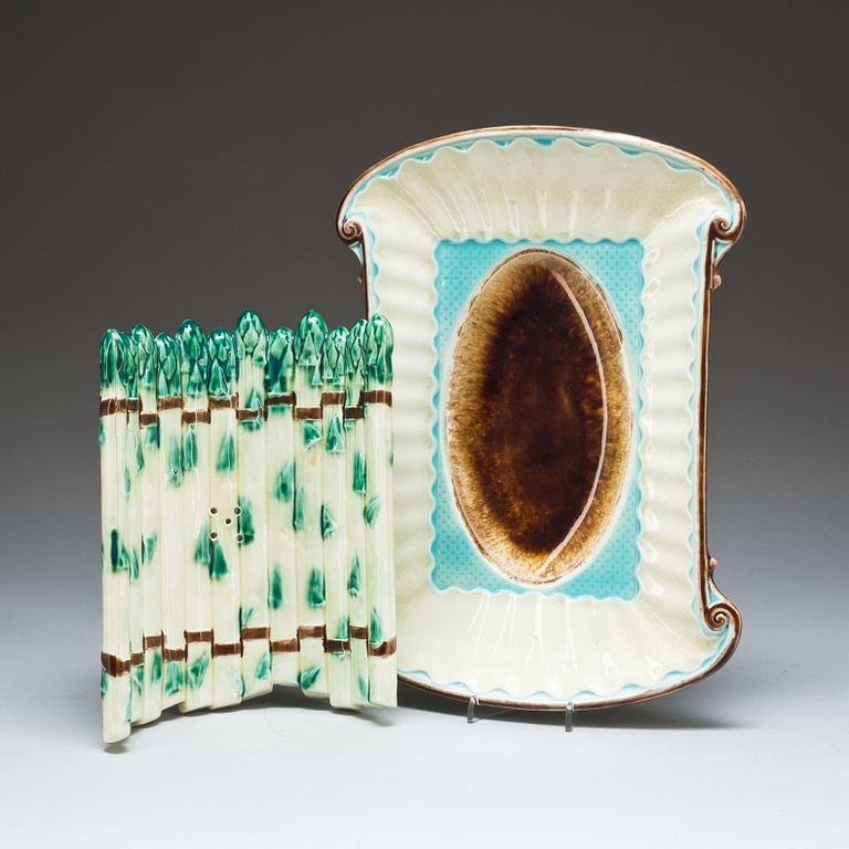 SPARRISFAT, 2 delar, flintgods. Majolika, Gustavsberg, omkring 1900.