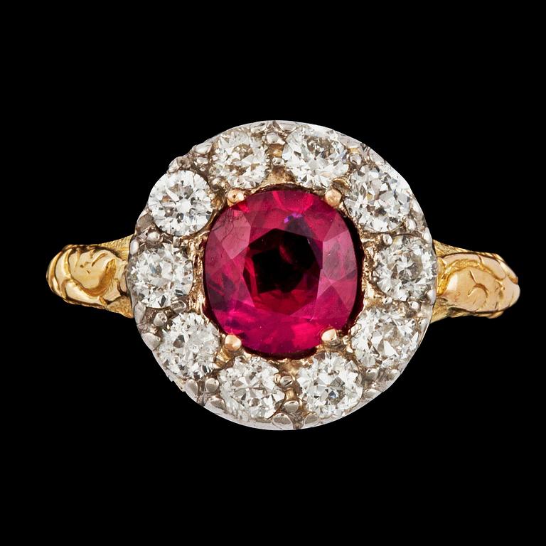 A untreated Burmese ruby, 1.03 ct and diamonds, total carat weight circa, 0.80 ct, ring.