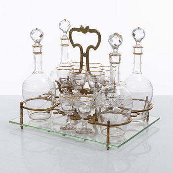 Liqueur set, glass and brass, first half of the 20th century.