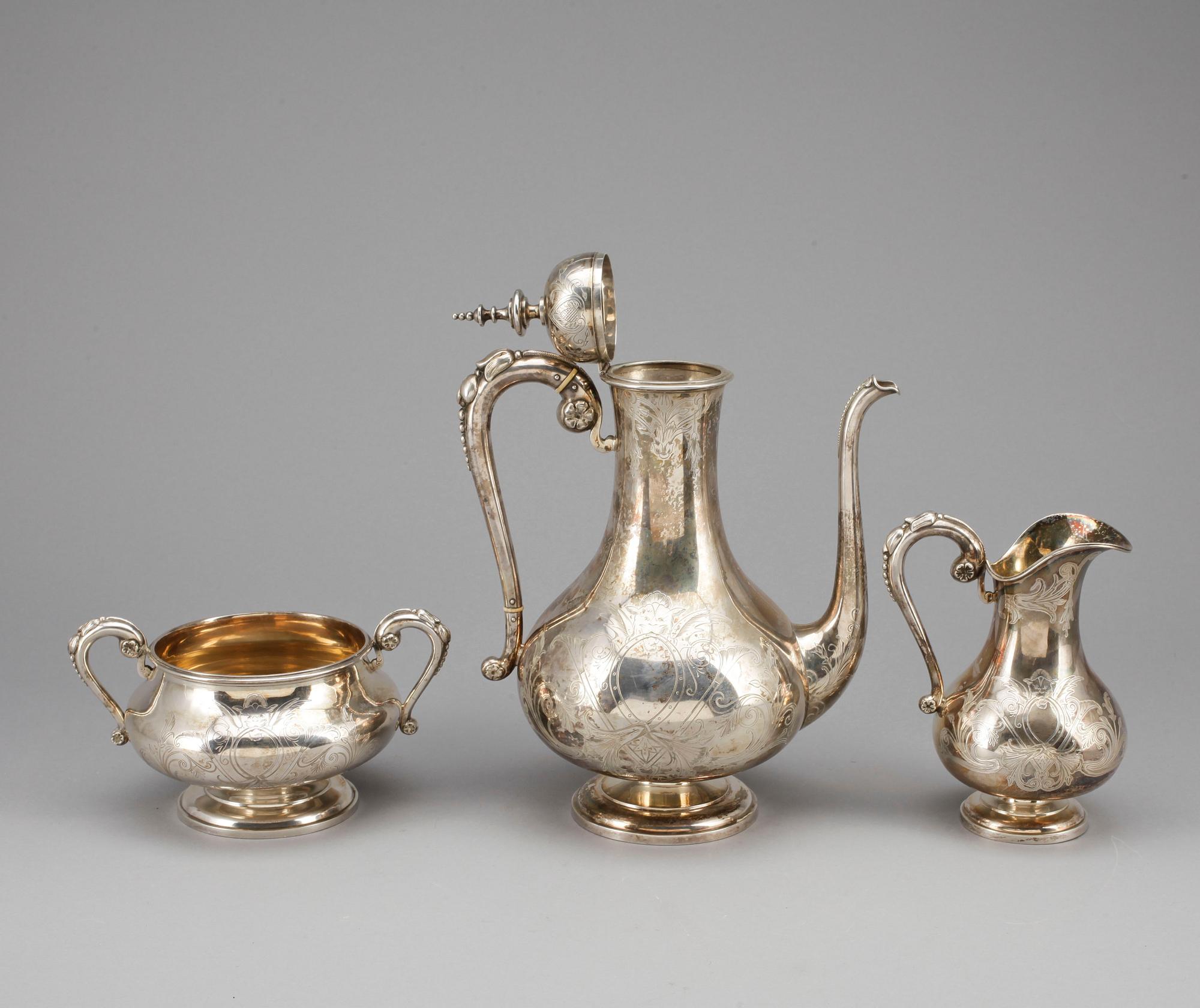 KAFFESERVIS, 3 delar, silver, Gustaf Möllenborg Féron, Stockholm, 1873. Vikt 1255 gram.