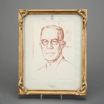 LITOGRAFI, Porträtt av Gustav VI Adolf, egenhändigt signerad Gustav VI Adolf och numrerad 232/400.