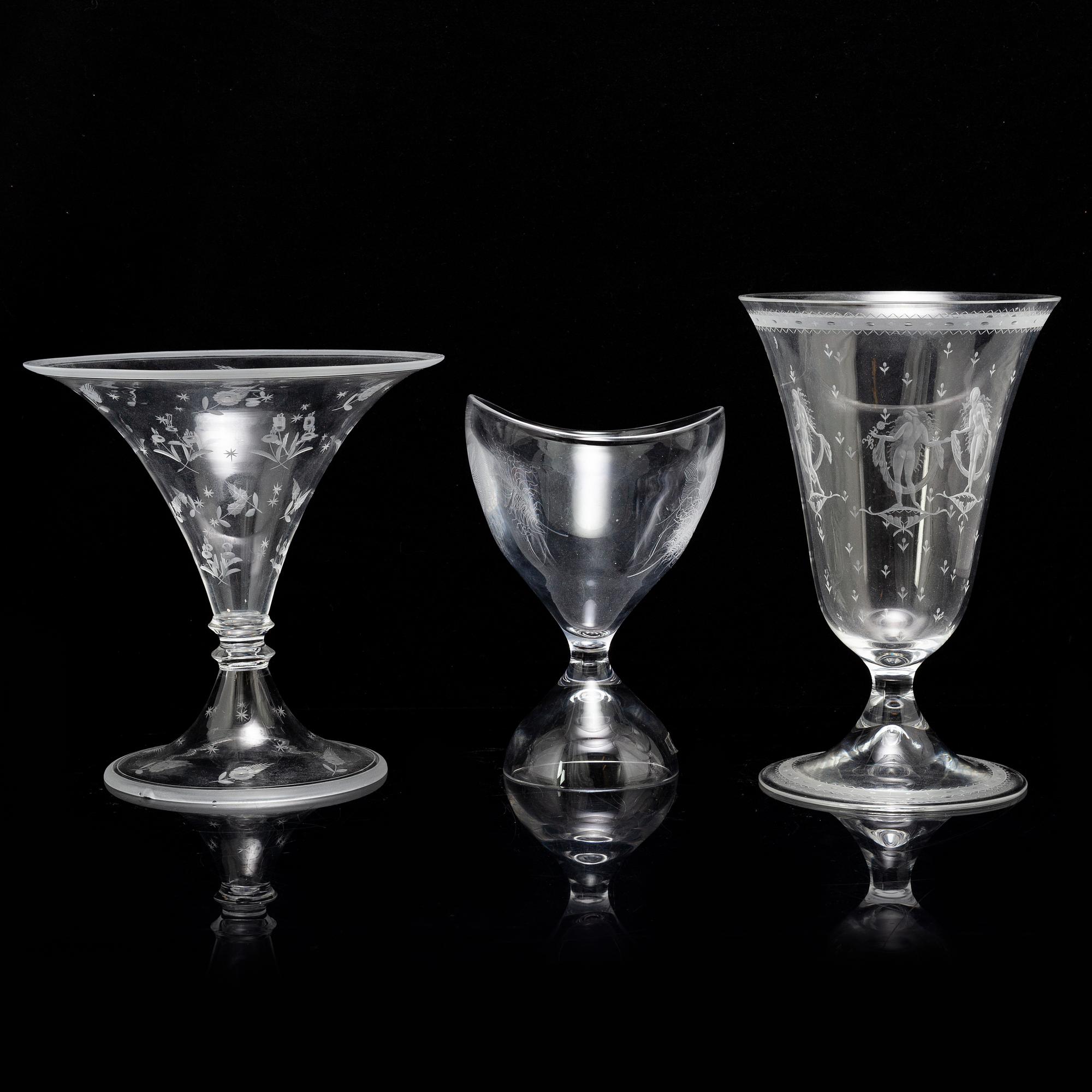 Three glass vases, from Orrefors and Kosta, first half of the 20th century.