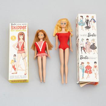 Barbie & Skipper, dolls 2 pcs. and vintage clothing, Mattel 1960s.