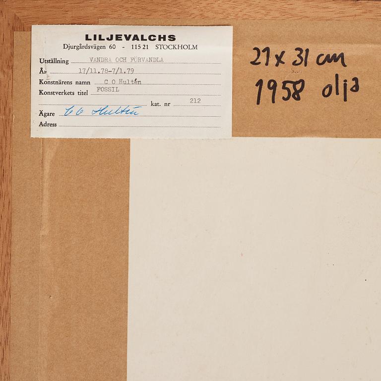 CO Hultén, olja på duk uppfäst på pannå, signerad och utförd 1958.