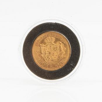 Gold coin Sweden, Oscar II 10 kr, 1901, mint error.
