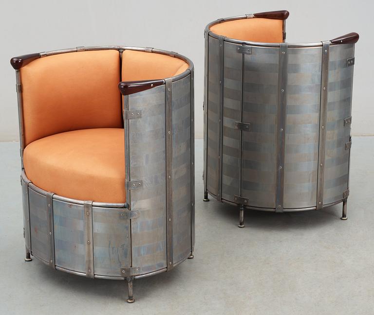 A pair of Mats Theselius moose leather armchairs 'Älgskinnsfåtöljen', Källemo Sweden 1991.