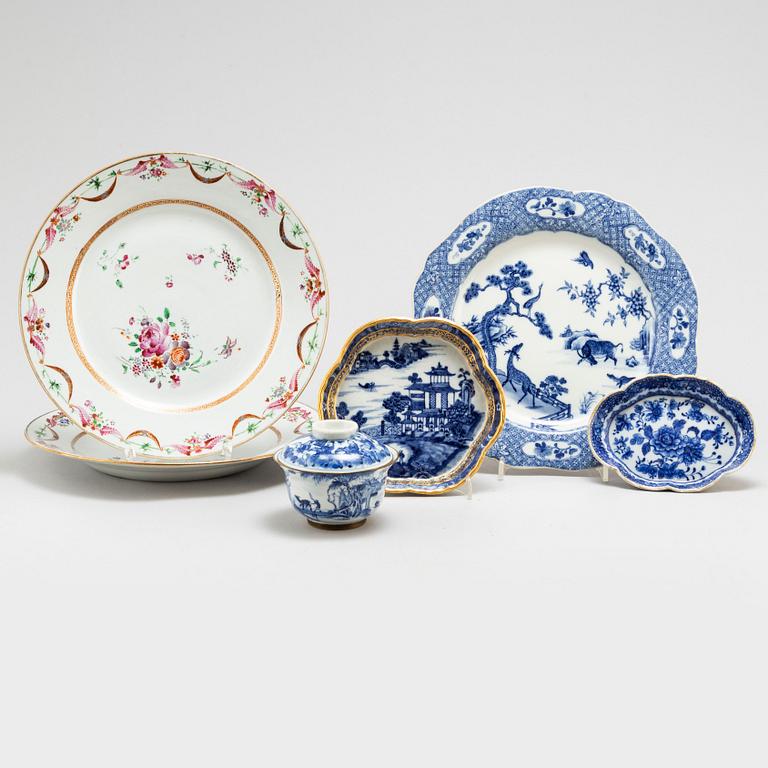 Three plates, two serving dishes and a cup with cover, Qing dynasty, 18th and 19th century.