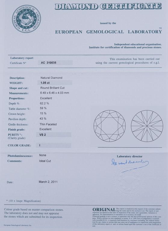 RING, briljantslipade diamanter 1.05 ct. I/vs2 + 0.55 ct.  EGL certifikat.