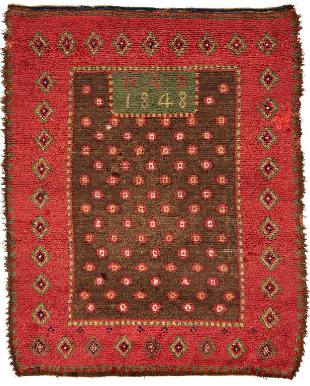 A DOUBLE-PILED RYA BED COVER, Finland, probably Åland, ca 174-176,5 x 135-138 cm, signed and dated H:C:D 1848.