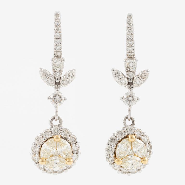 Earrings, 18K white gold set with round brilliant and yellow marquise-cut diamonds.