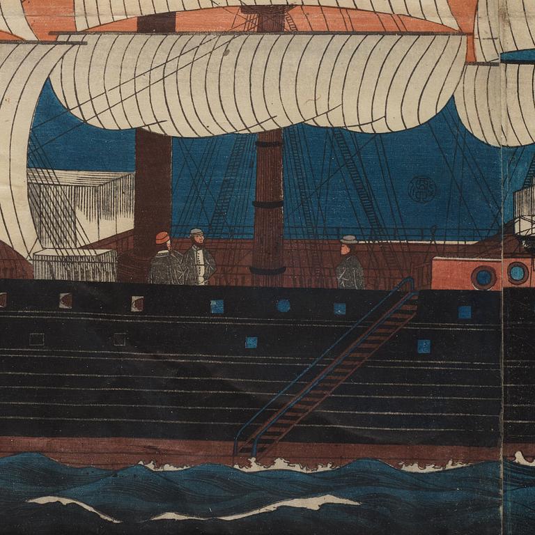 YOSHIKAZU (act.1850-1870), triptyk, färgträsnitt. Japan, 1861.