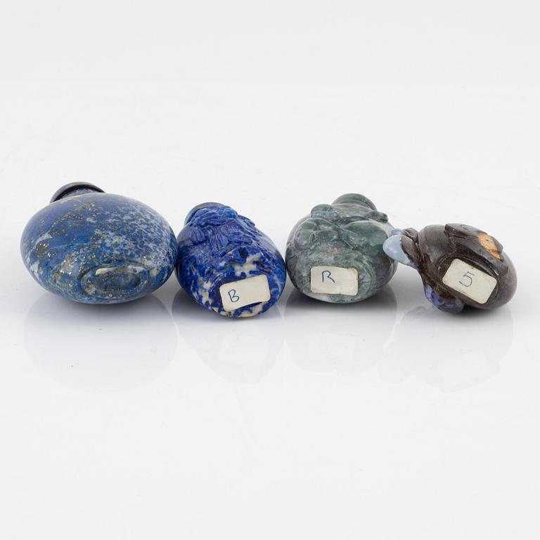 Eight snuff bottles, mottled stone, China, 20th century.