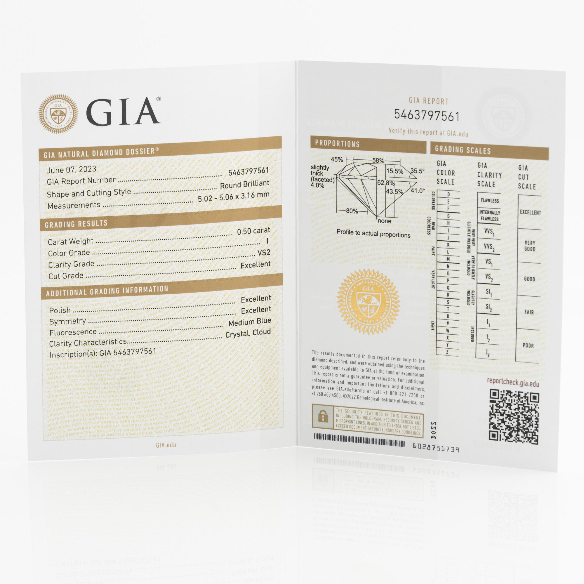 Briljantslipad diamant, 0.50 ct, "triple x". Medföljande GIA dossier.