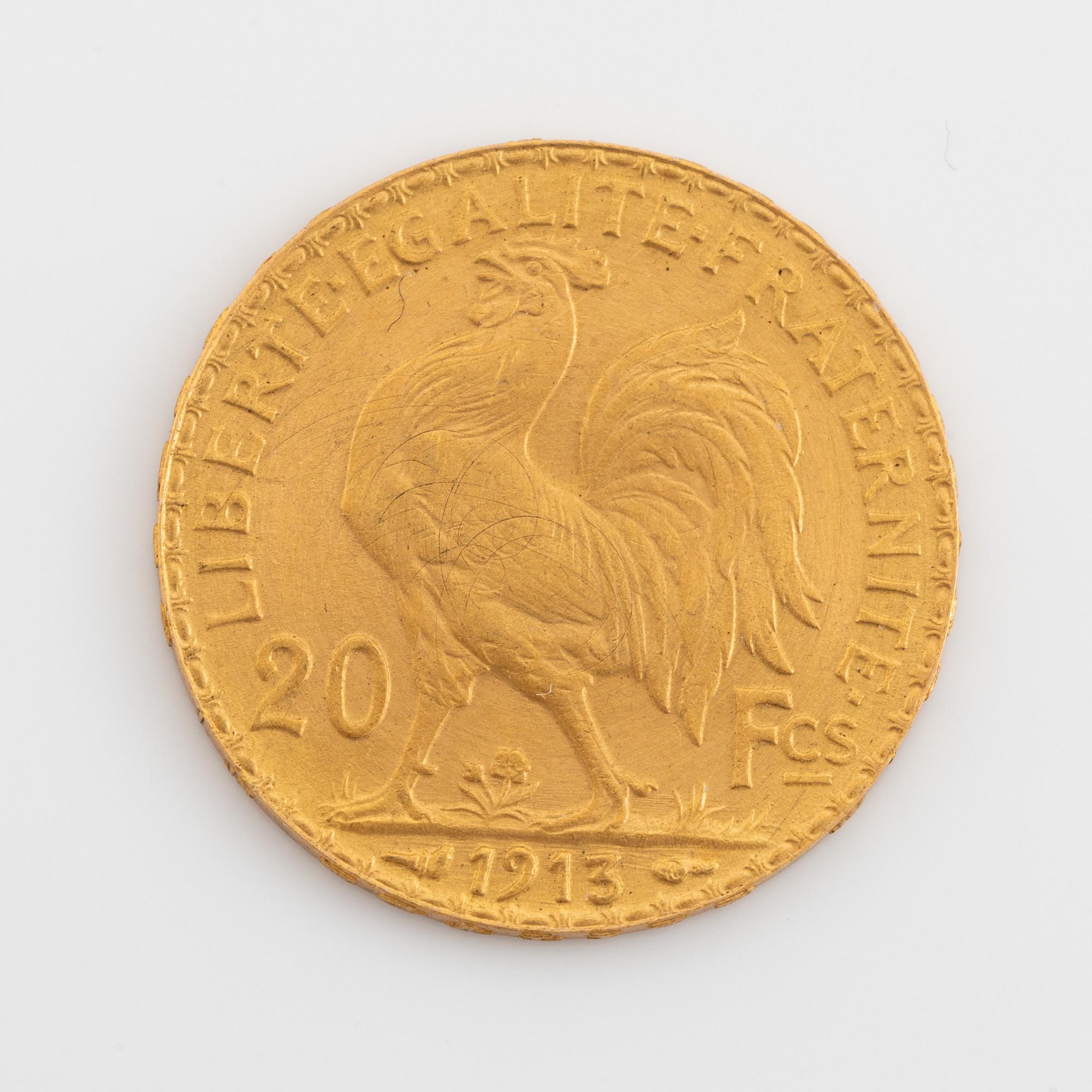 A French gold coin, 20 Francs, 1913.