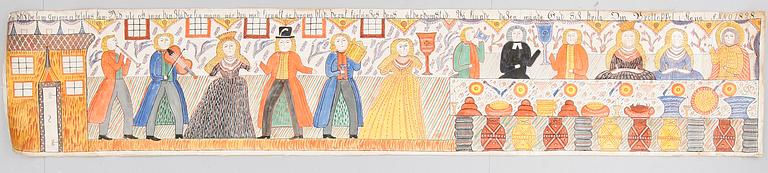 BONADSMÅLNING, papper klistrat på duk, märkt Anno 1828.