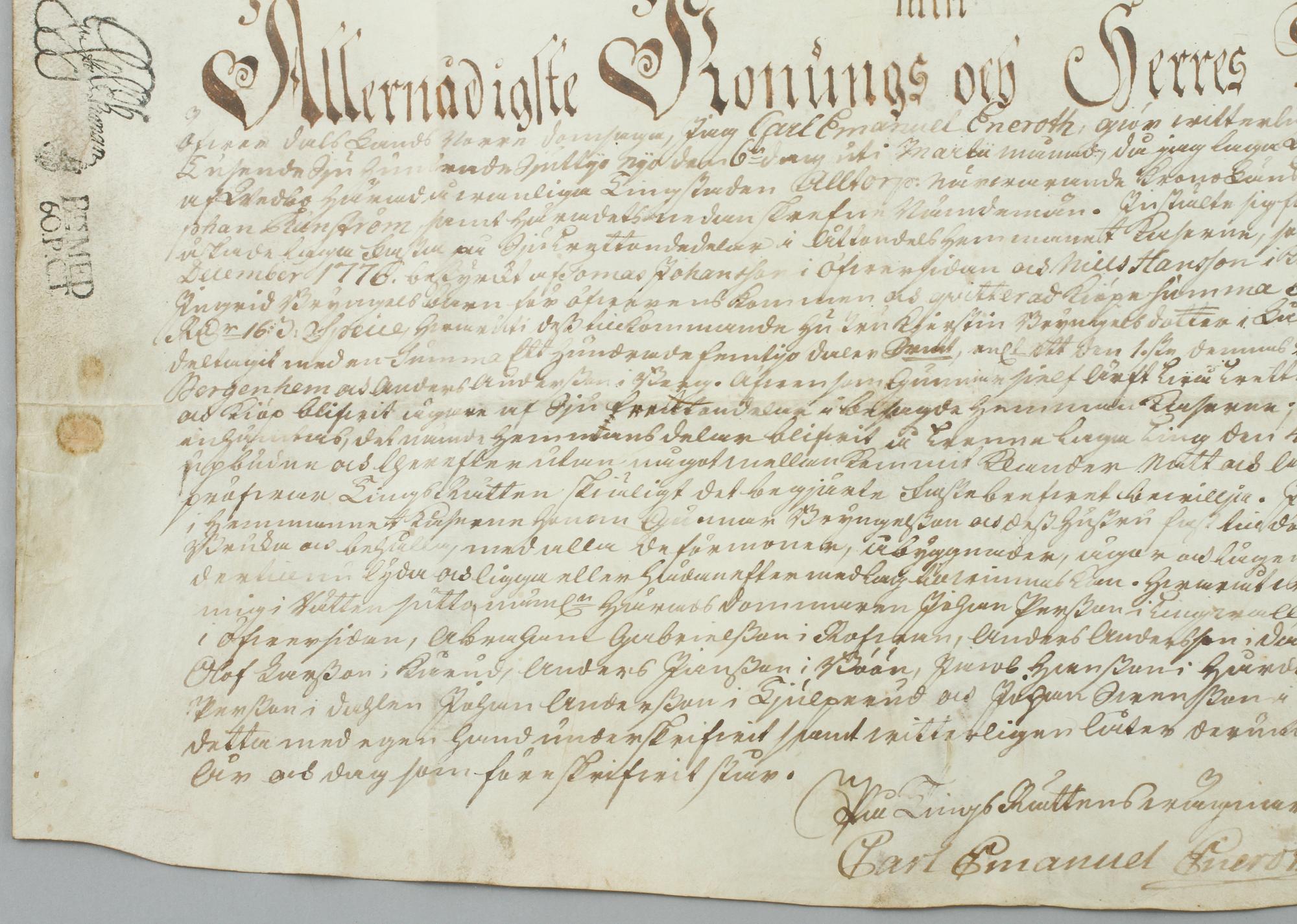 DOKUMENT, pergament, bär datering 1776.