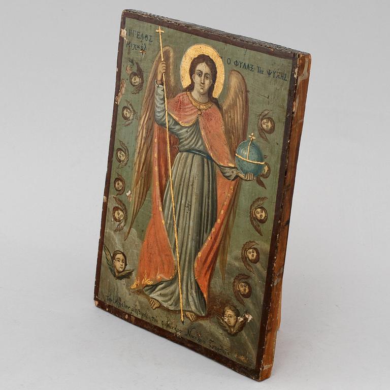IKON, blandteknik på pannå, troligen Grekland, sent 1800/tidigt 1900-tal.