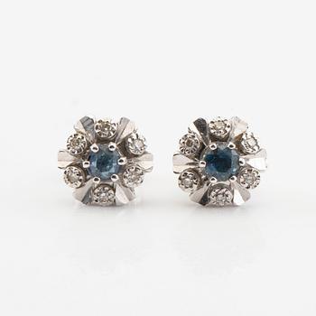 Ring, necklace and earrings, a pair of 18K white gold and silver set with faceted sapphires and round brilliant-cut diamonds.