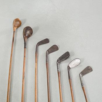 Seven golf clubs with bag, clubs by by "J Winton" & "Josh Taylor",, first half of the 20th century.