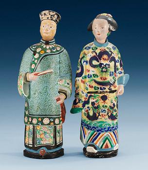 1307. Two Chinese export painted and modeled clay nodding head figures, Qing dynasty, 19th Century. (2).