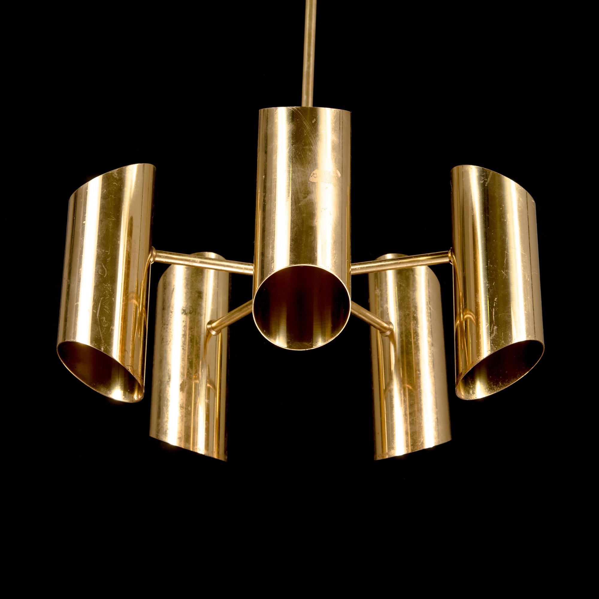 A 5-light brass pendant ceiling lamp, latter half of the 20th century.