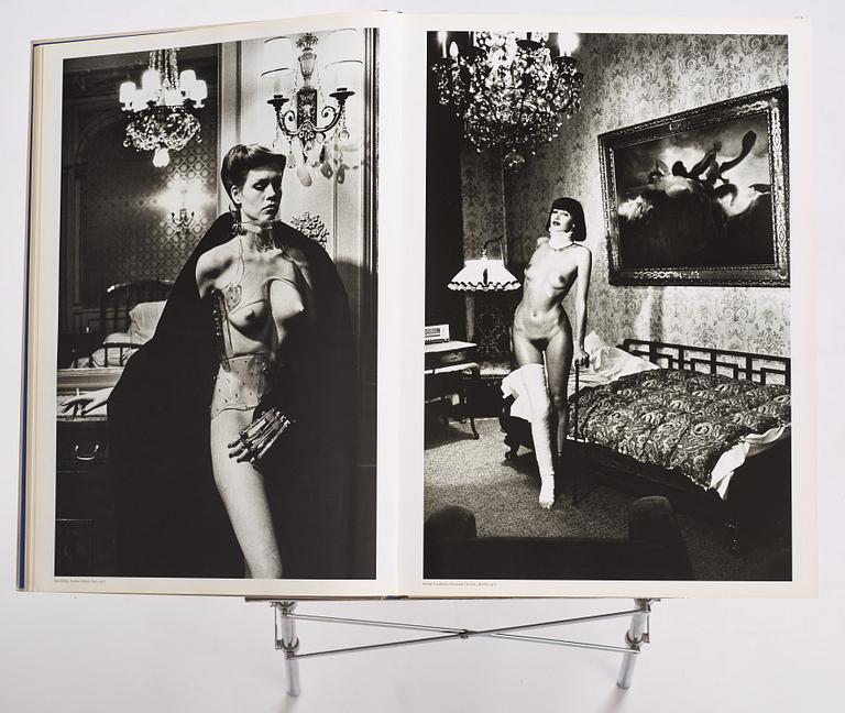 Helmut Newton, Signed book published by Taschen, Monte Carlo, 1999, ed 10000, with a metal table.