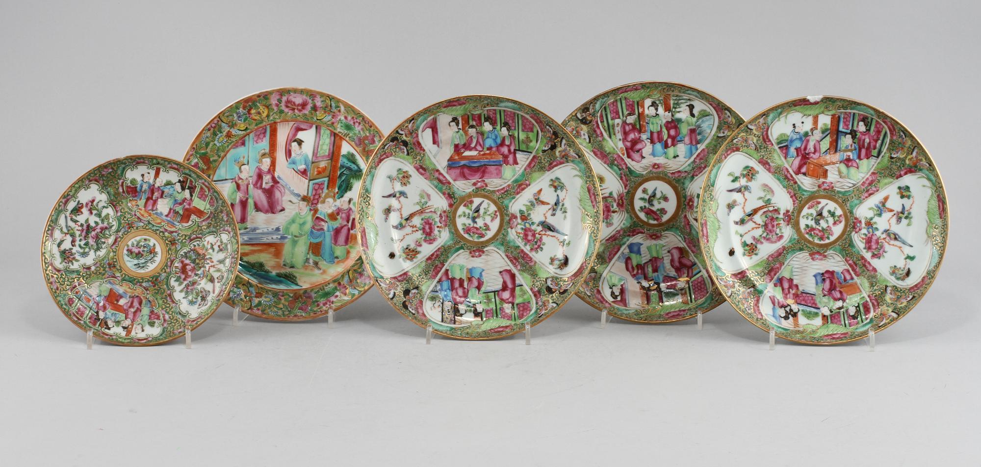TALLRIKAR, 5 st, porslin, Kanton, Kina, 1800/1900-tal.