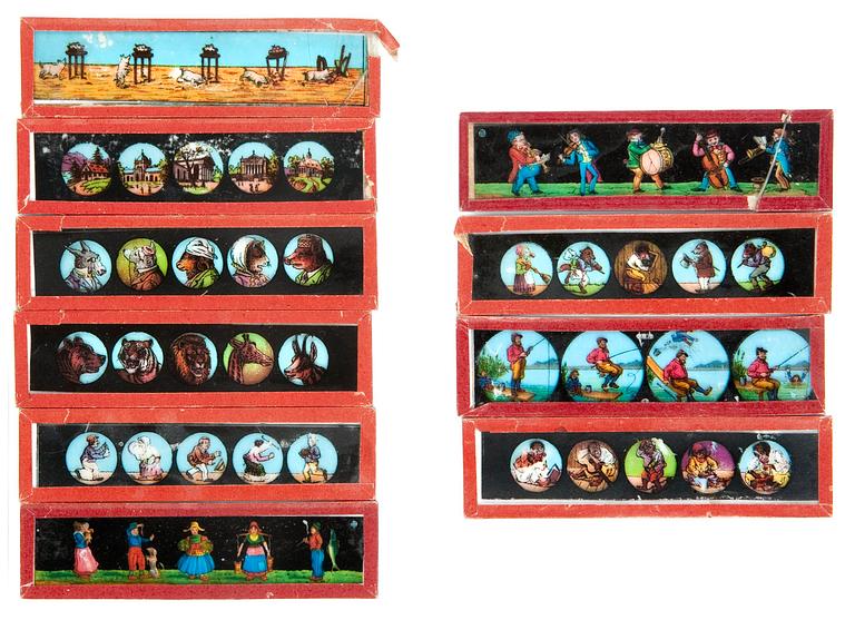 A SET OF TEN GLASS PICTURES,