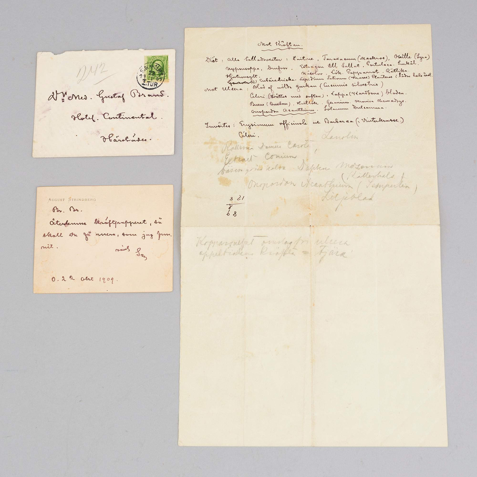 AUGUST STRINDBERG, brev, daterad 1909.