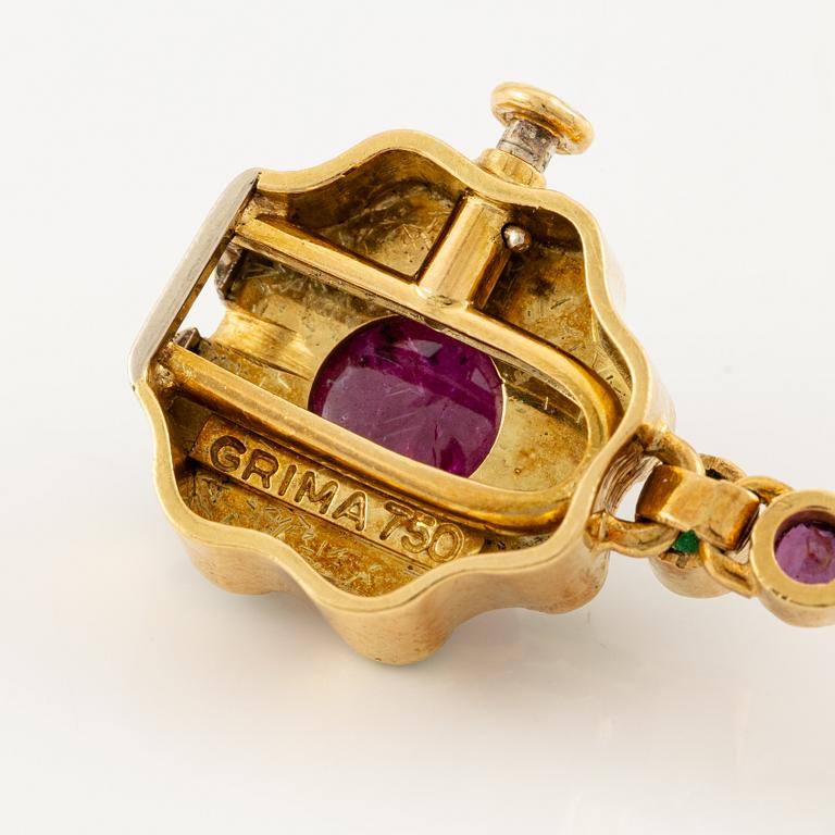 Andrew Grima, collier 18K guld med runda briljantslipade diamanter samt rubiner och smaragder.