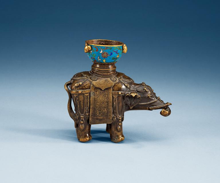 A bronze and cloisonné figure of an elephant, Qing dynasty, 19th Century.