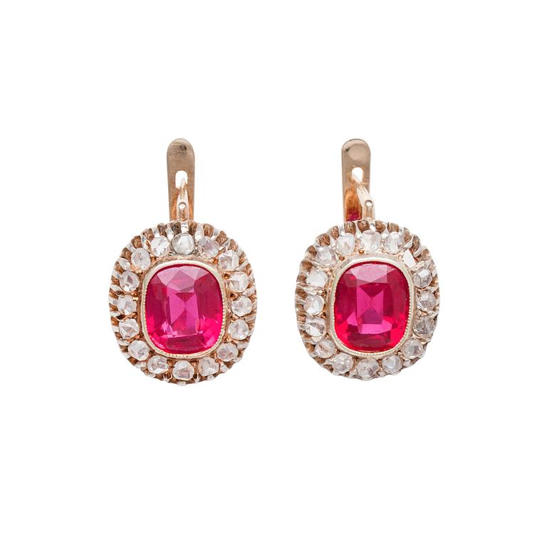 EARRINGS, 56 gold, rose cut diamonds, synthetic rubies. Moscow 1907-17. Original case.