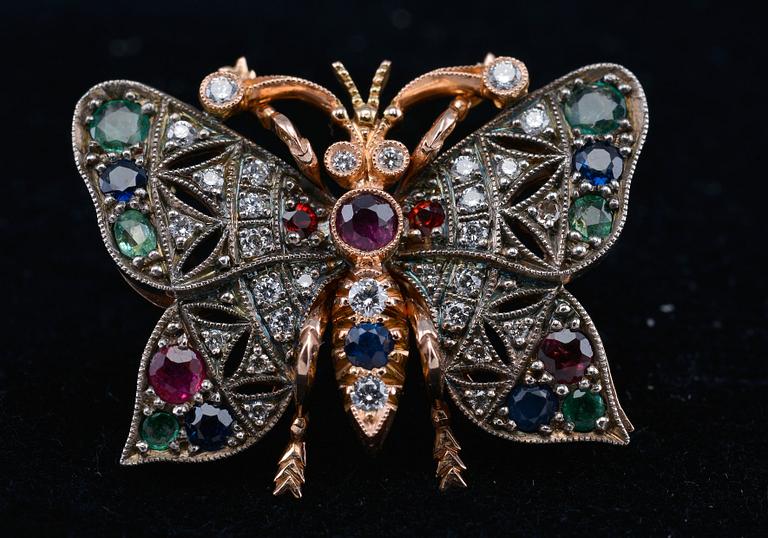 RINTANEULA, safiireja, rubiineja, smaragdeja, briljanttihiottuja timantteja n. 0.5 ct. 14K kultaa, paino 8 g.