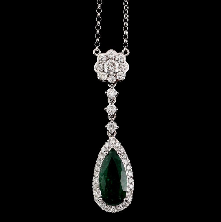 COLLIER, 18 k vitguld, smaragd ca 1.72 ct samt briljantslipade diamanter tot ca 0.72 ct.