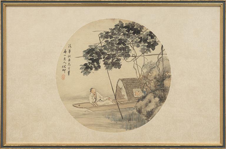 Oidentifierad konstnär, s.k. "Solfjädersmålning", Resande på flod, Kina, sen Qingdynasti/1900-tal.
