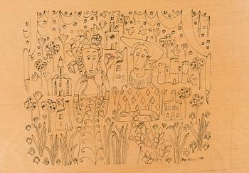 Birger Kaipiainen, drawing, black ink on plywood, signed and dated -46.