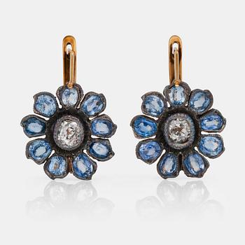 617. A pair of old-cut diamond and pale blue sapphire earrings. Russian setting.