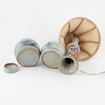 A Japanese vase made in to a lamp, and two Chinese blue and white jars, 19th Century.